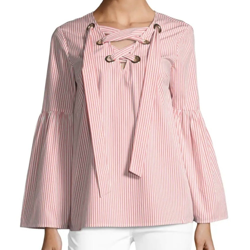 MICHAEL Michael Kors Striped Lace Up Poplin Bell Sleeve Top- NWT